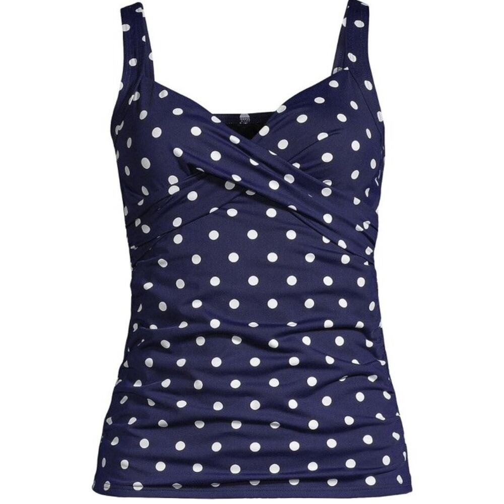 Lands’ End Tankini Underwire Wrap Swim Top PolkaDot Navy White Nautical 20W NWTF